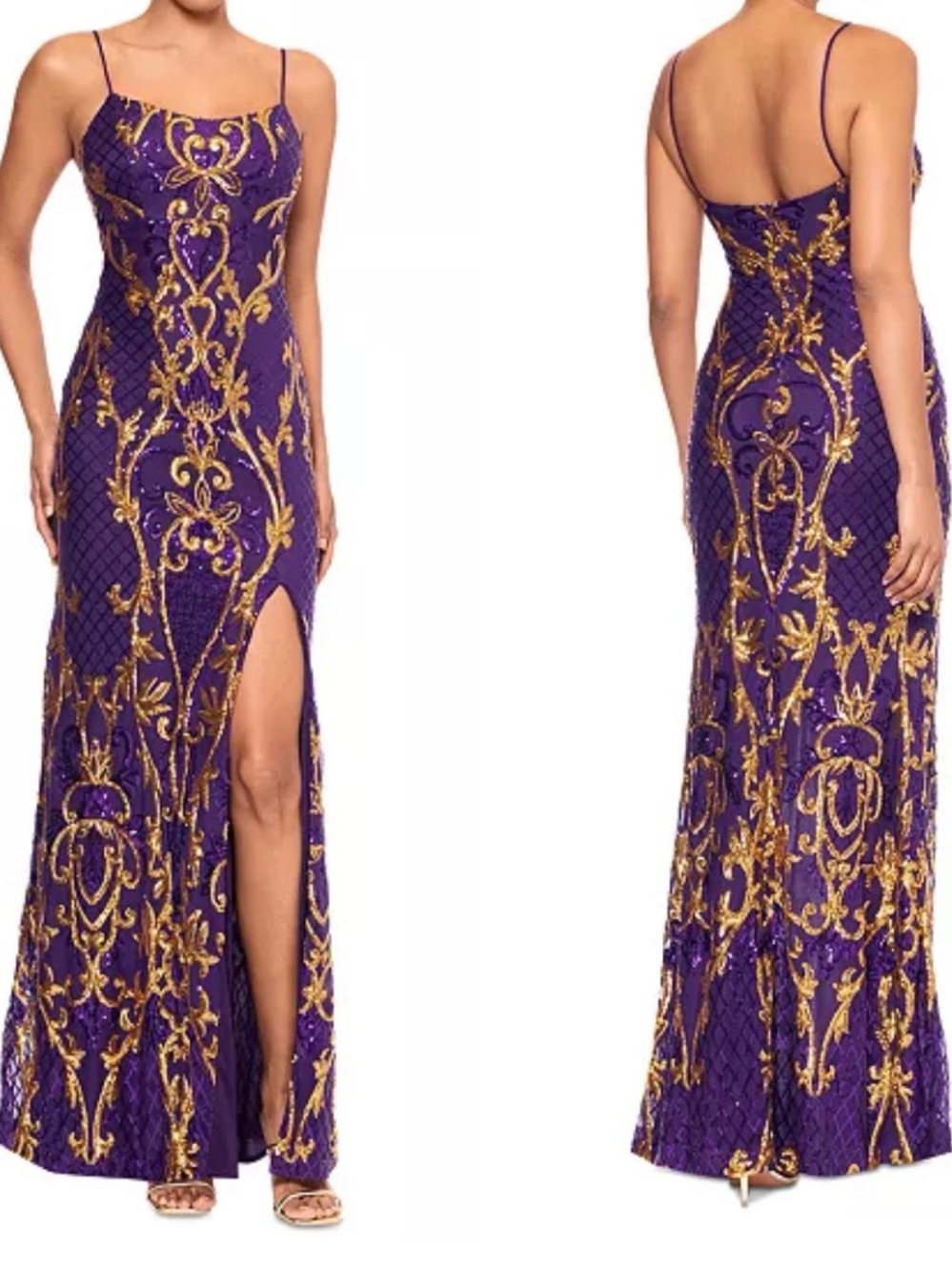 Betsy & Adam Dress purple fabric overlay intricate gold embellishments side slit